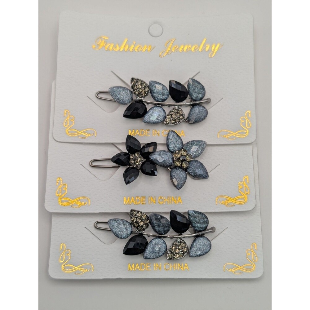 3pc Vintage Rhinestone Snap Hair Clips Set Blue Black Flower Fashion Jewelry